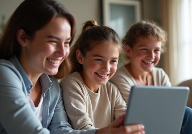 Famille souriante discutant via un appel vidéo, montrant la facilité de connexion.