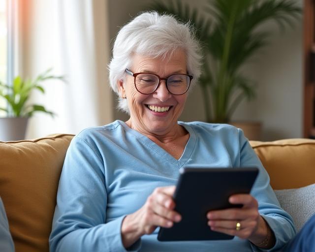 Senior souriant utilisant une tablette numérique avec aisance, symbolisant l'apprentissage facile.